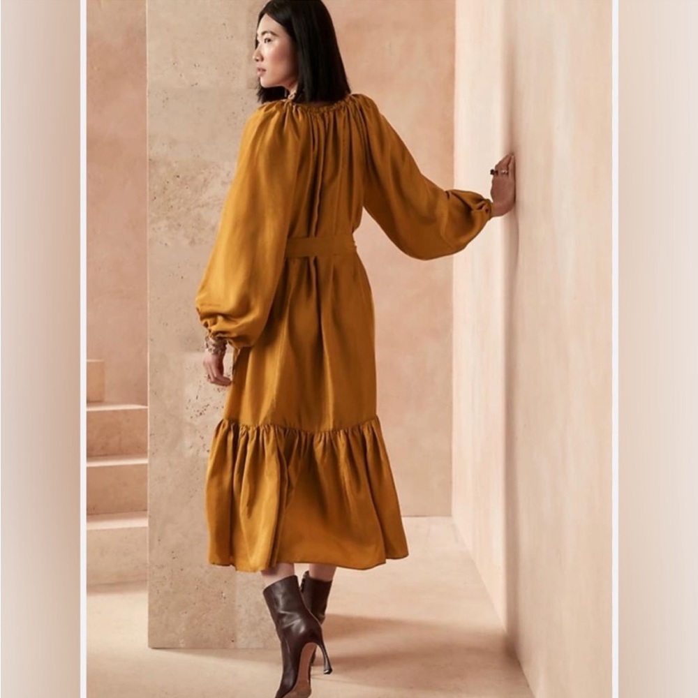 Mustard Long Sleeve Tiered Midi Dress